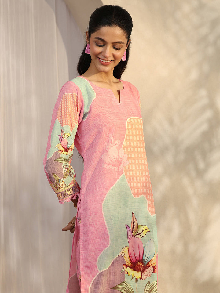 Pink Printed Cotton Blend Straight Suit Set With Dupatta