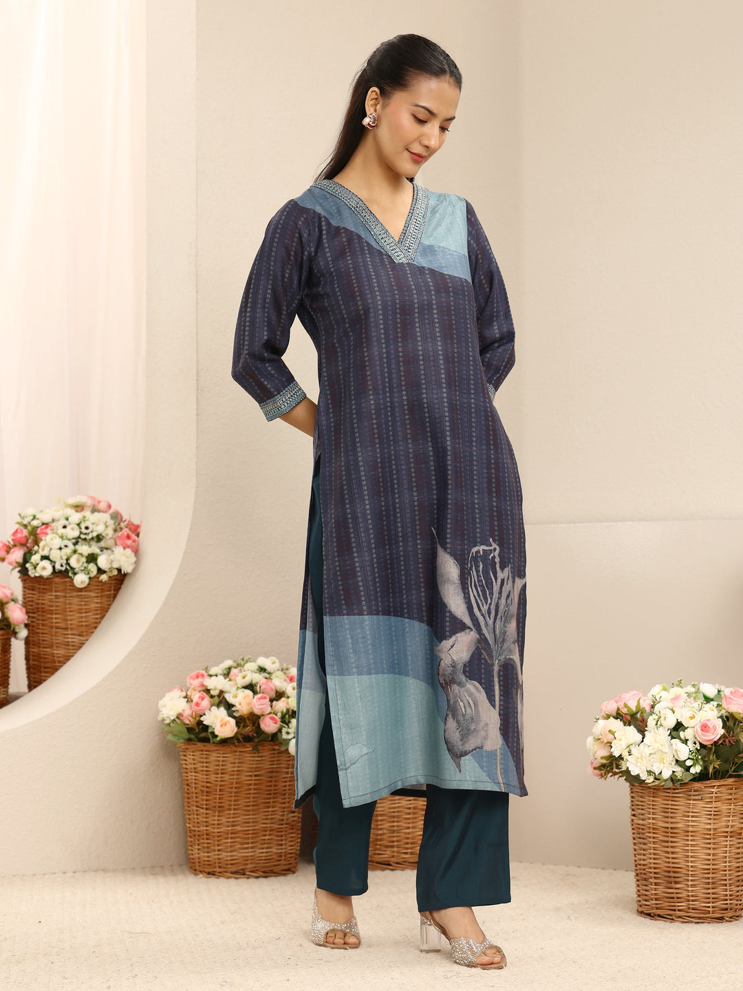 Blue Striped Printed Linen Straight Suit Set With Dupatta