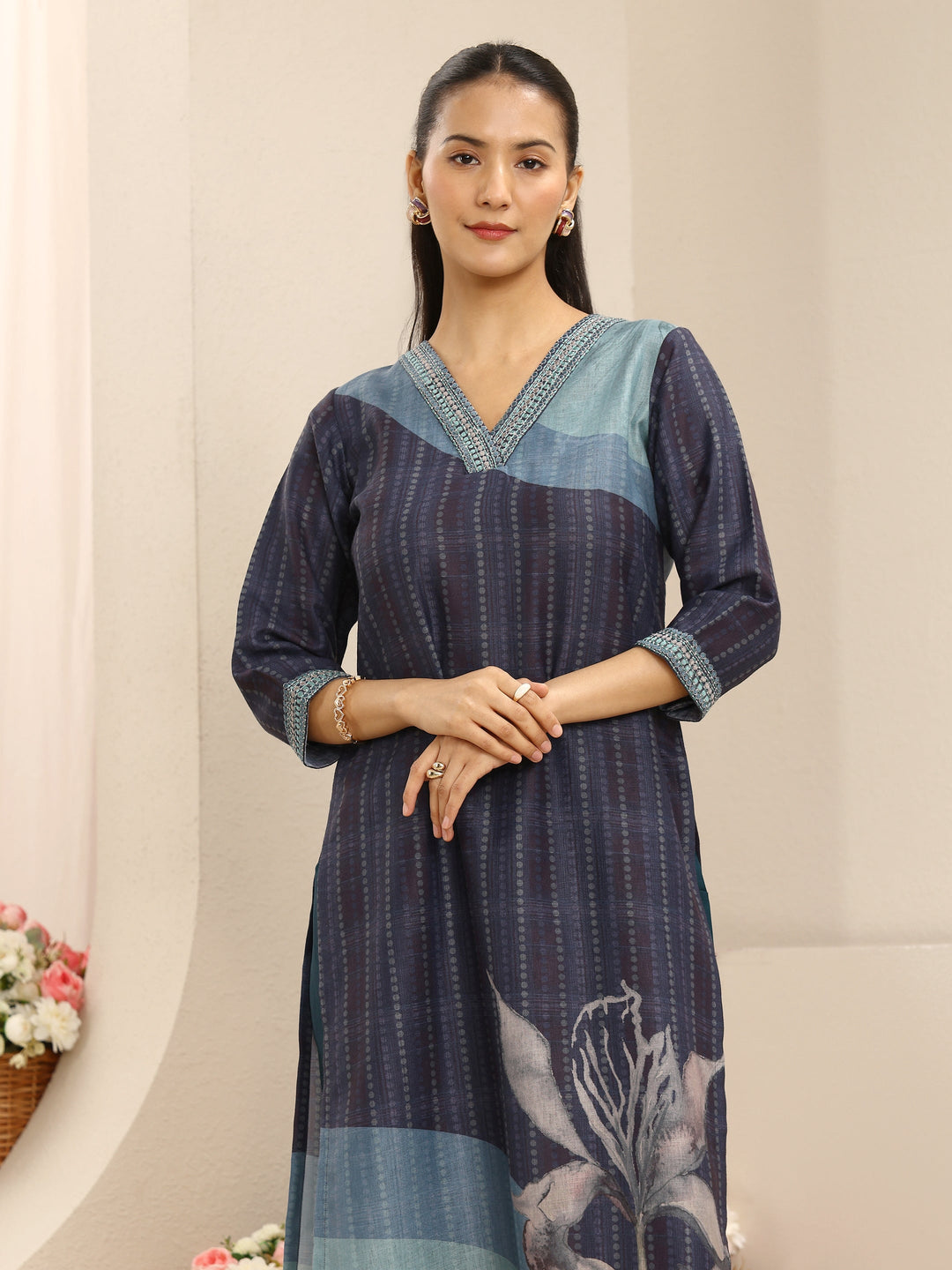 Blue Striped Printed Linen Straight Suit Set With Dupatta