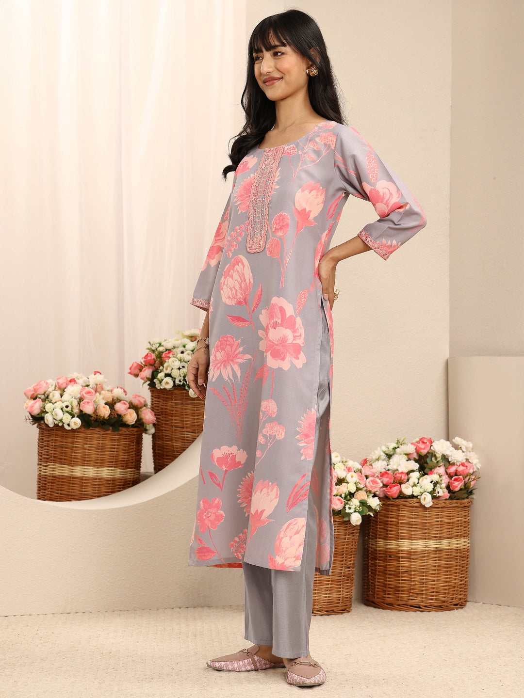 Grey Floral Printed Linen Straight Suit Set With Dupatta