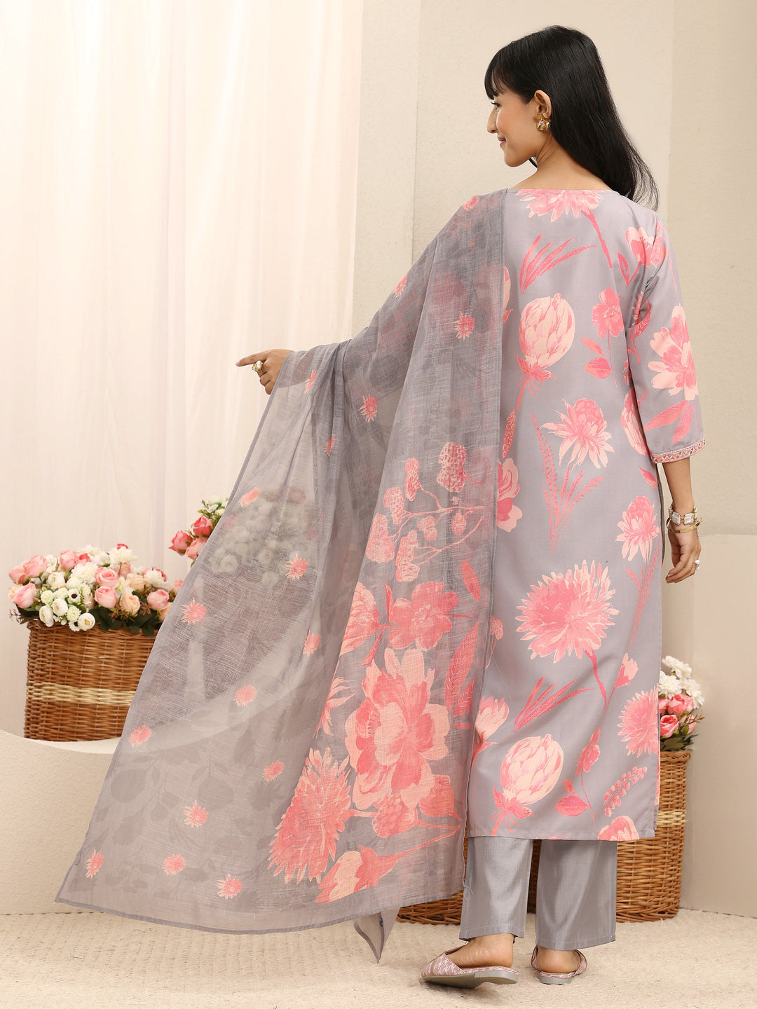 Grey Floral Printed Linen Straight Suit Set With Dupatta