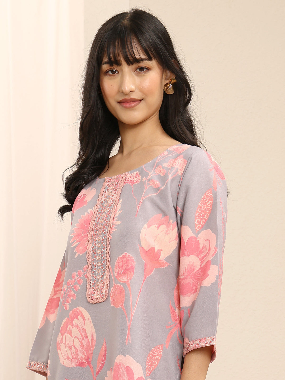 Grey Floral Printed Linen Straight Suit Set With Dupatta