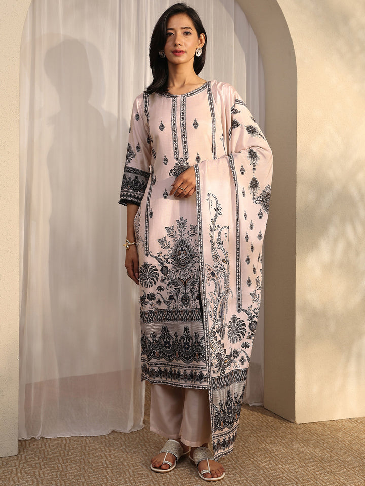 Off White Printed Muslin Straight Suit Set With Dupatta