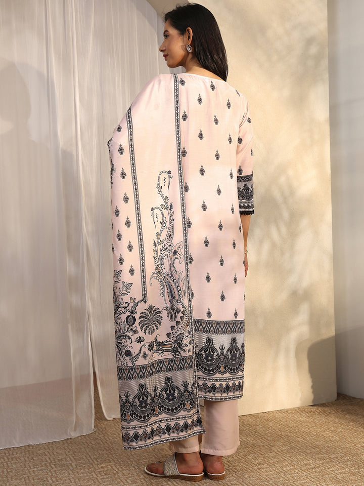 Off White Printed Muslin Straight Suit Set With Dupatta