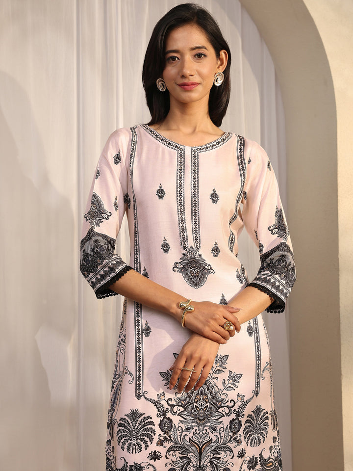 Off White Printed Muslin Straight Suit Set With Dupatta