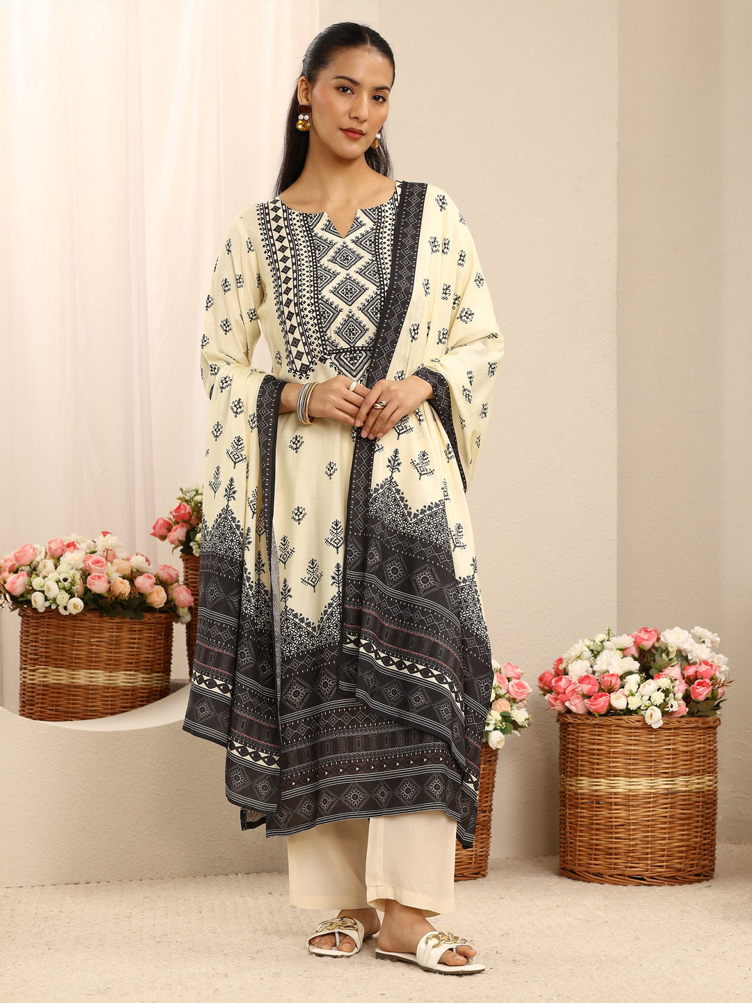 Off White Ethnic Printed Muslin Straight Suit Set With Dupatta