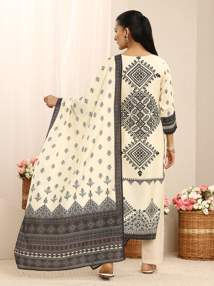 Off White Ethnic Printed Muslin Straight Suit Set With Dupatta