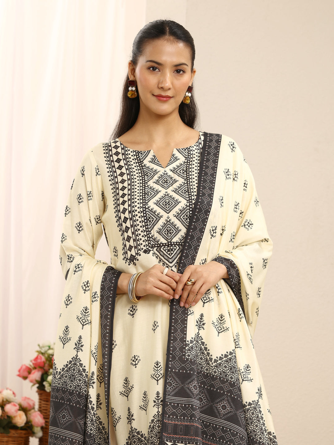 Off White Ethnic Printed Muslin Straight Suit Set With Dupatta