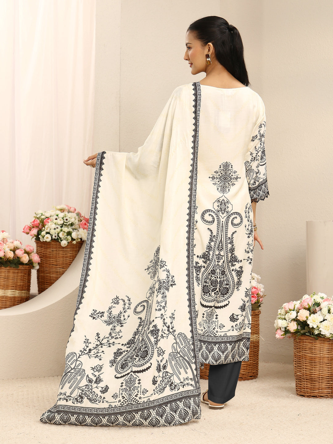 Off White Ethnic Printed Muslin Straight Suit Set With Dupatta