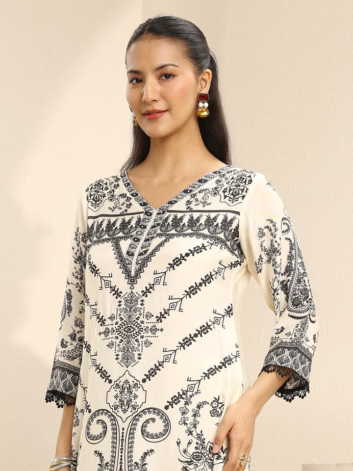 Off White Ethnic Printed Muslin Straight Suit Set With Dupatta
