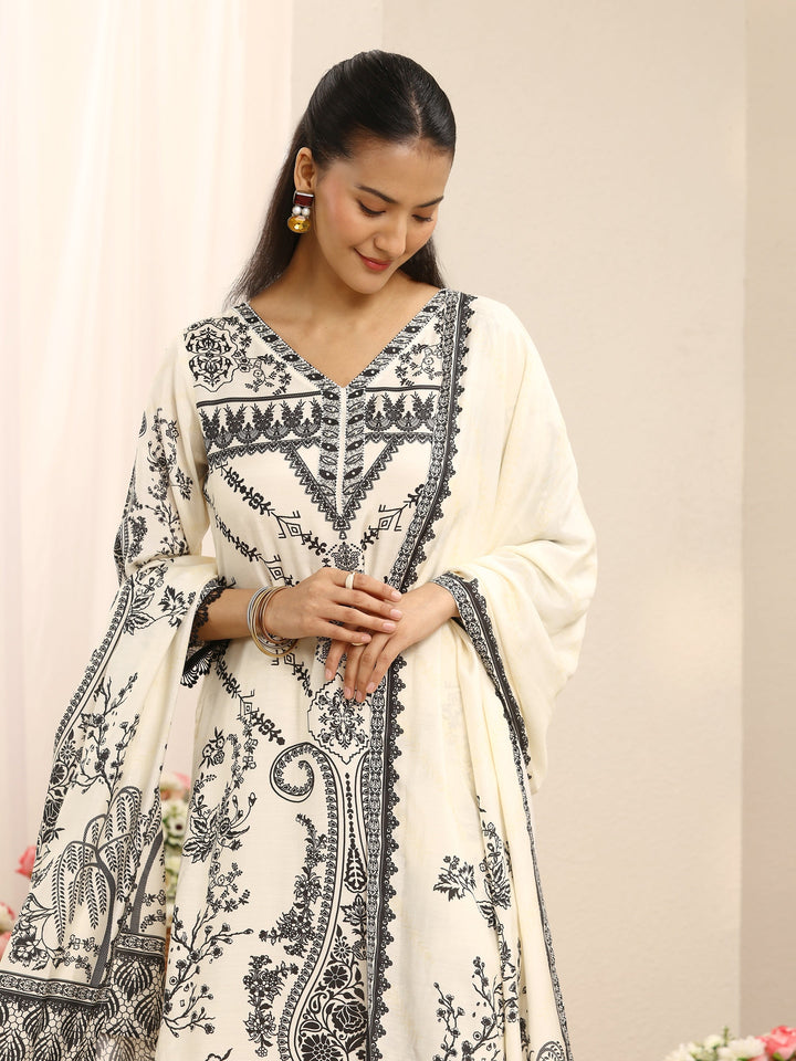Off White Ethnic Printed Muslin Straight Suit Set With Dupatta