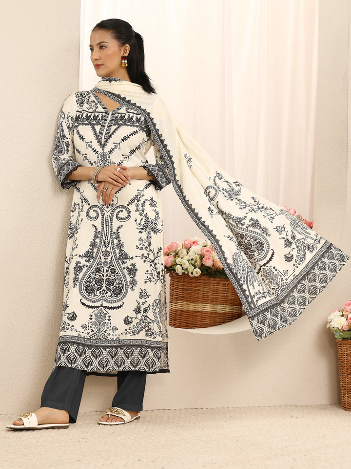 Off White Ethnic Printed Muslin Straight Suit Set With Dupatta