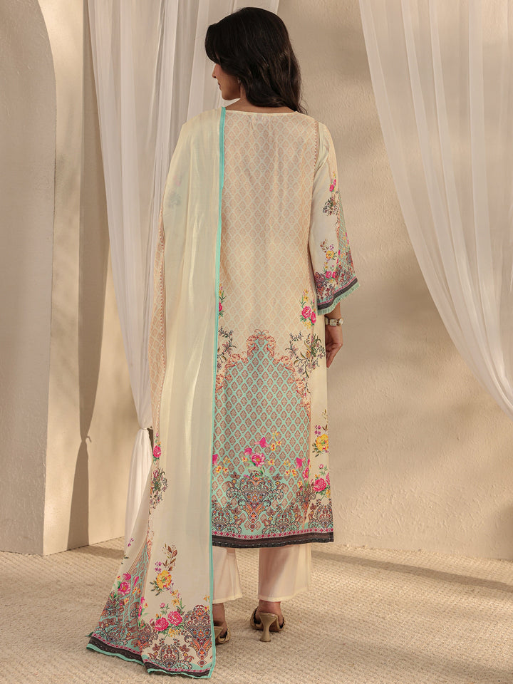 Off White Ethnic Motif Printed Muslin Straight Suit Set With Dupatta