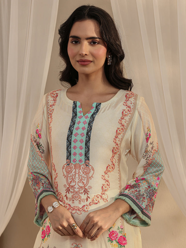 Off White Ethnic Motif Printed Muslin Straight Suit Set With Dupatta