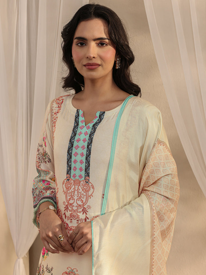 Off White Ethnic Motif Printed Muslin Straight Suit Set With Dupatta