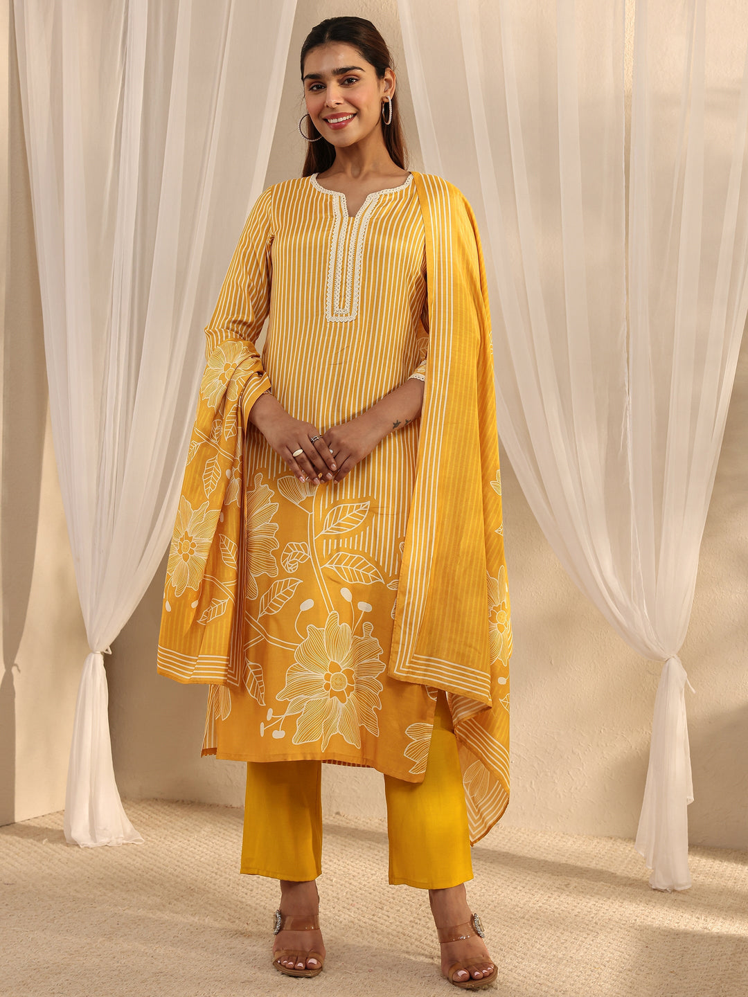 Mustard Floral Printed Muslin Straight Suit Set With Dupatta