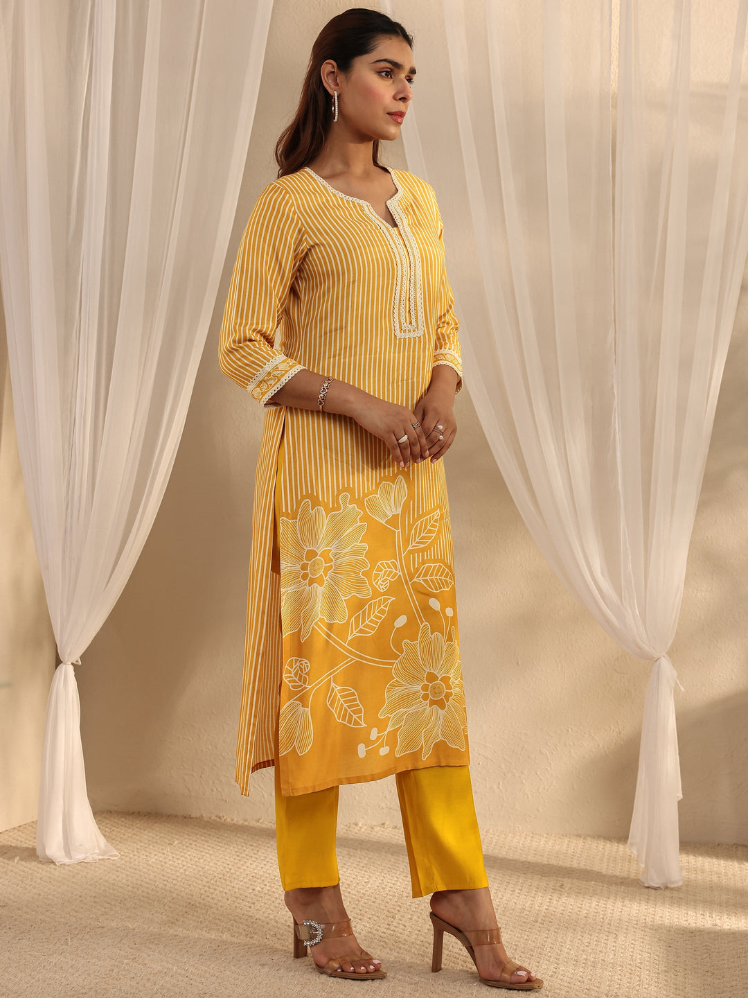 Mustard Floral Printed Muslin Straight Suit Set With Dupatta