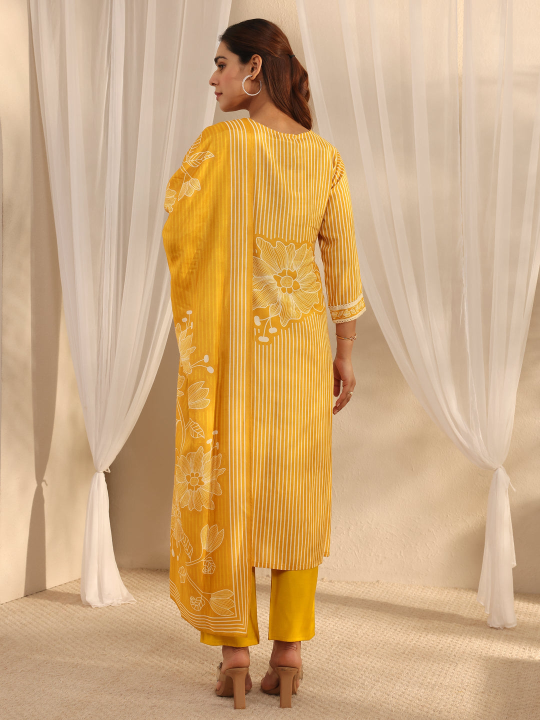 Mustard Floral Printed Muslin Straight Suit Set With Dupatta