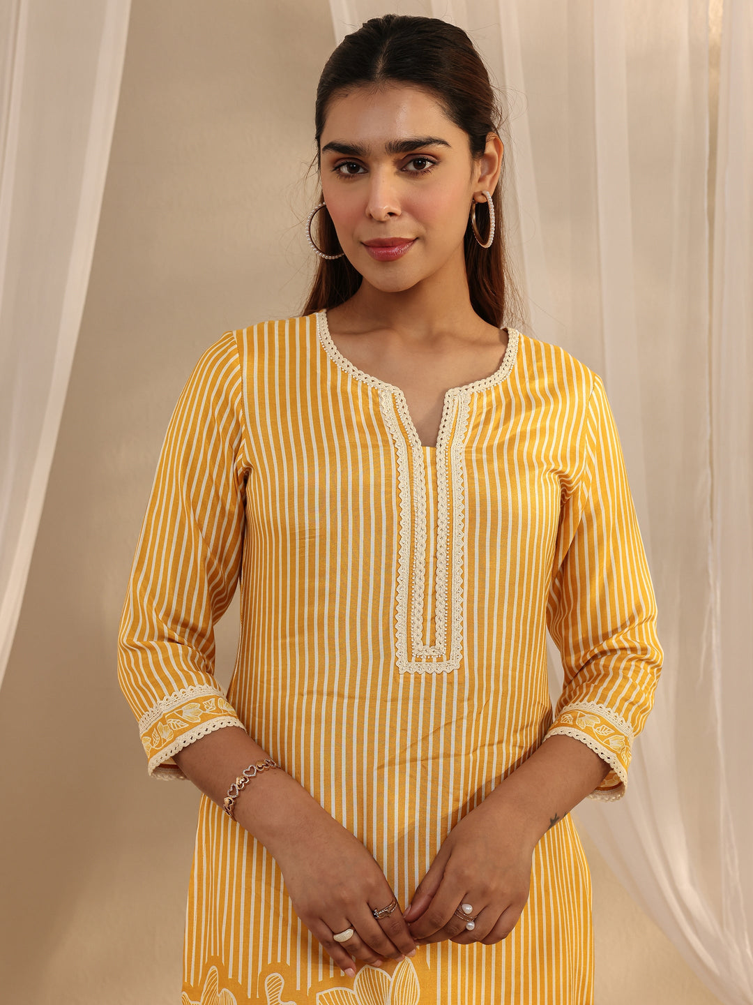 Mustard Floral Printed Muslin Straight Suit Set With Dupatta