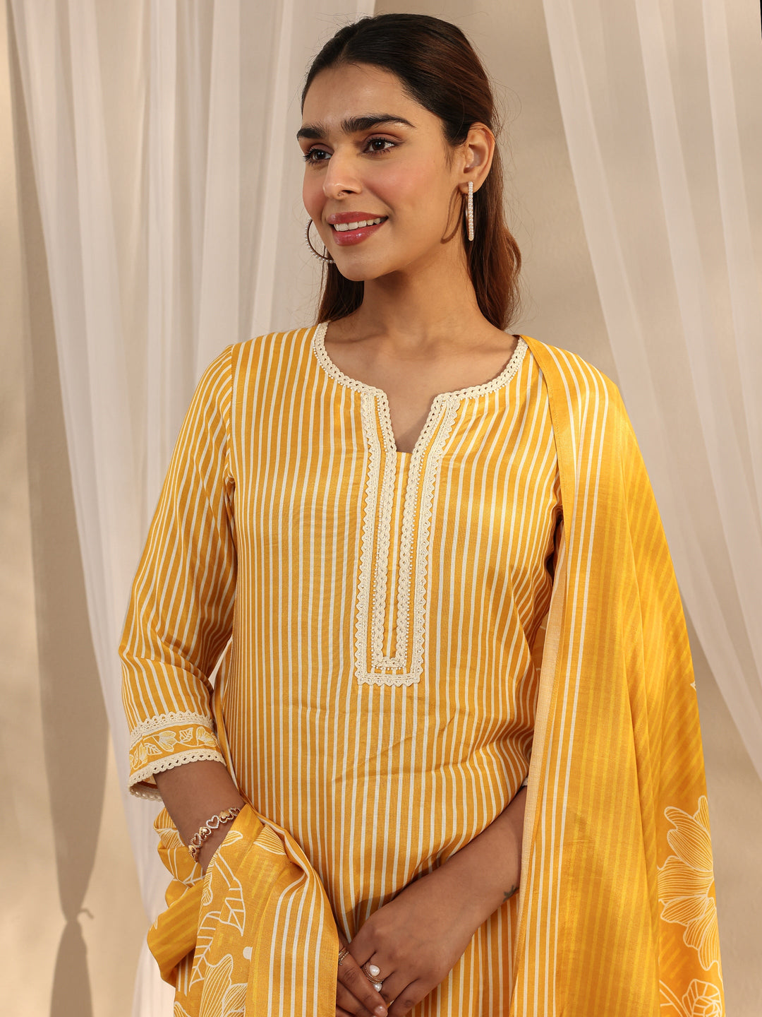 Mustard Floral Printed Muslin Straight Suit Set With Dupatta