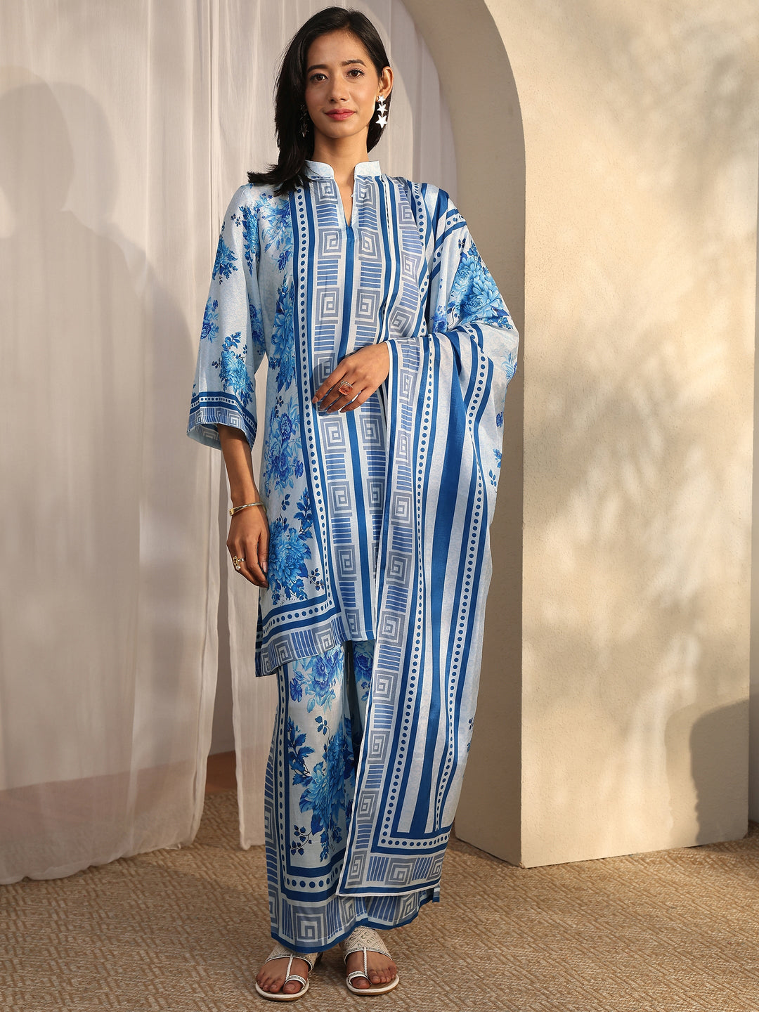 Blue Printed Muslin Straight Suit Set With Dupatta