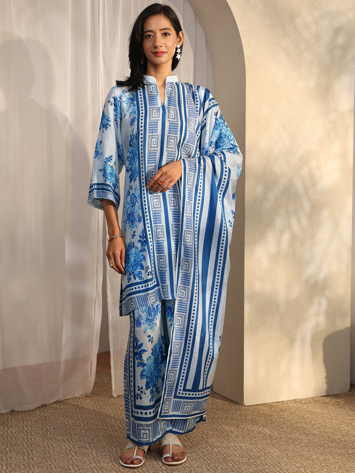 Blue Printed Muslin Straight Suit Set With Dupatta