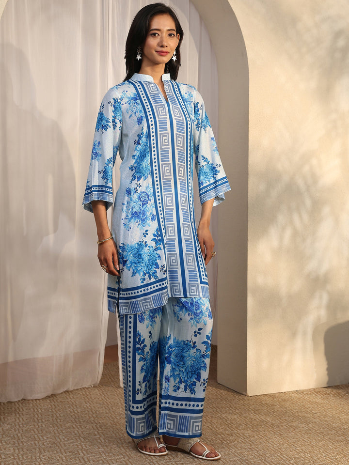Blue Printed Muslin Straight Suit Set With Dupatta