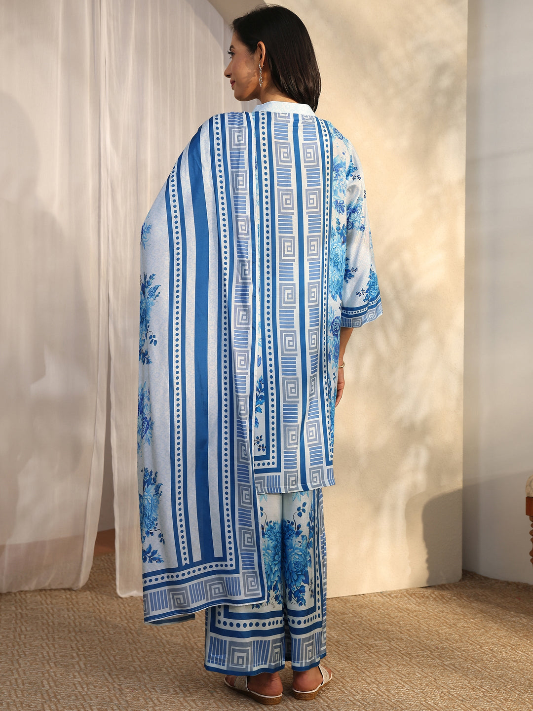 Blue Printed Muslin Straight Suit Set With Dupatta