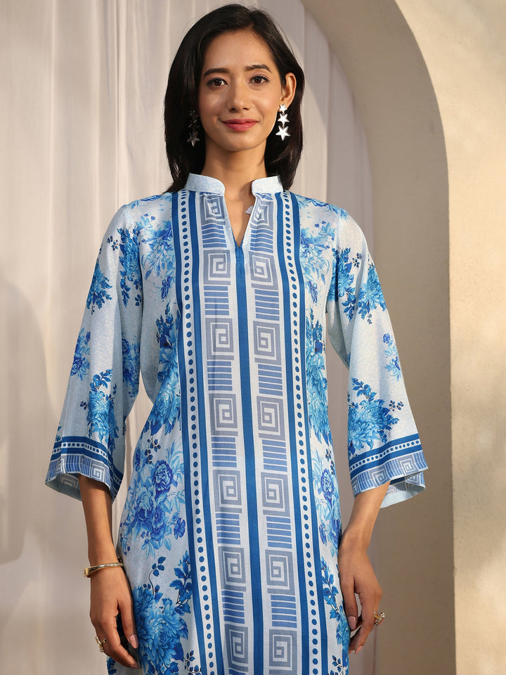 Blue Printed Muslin Straight Suit Set With Dupatta