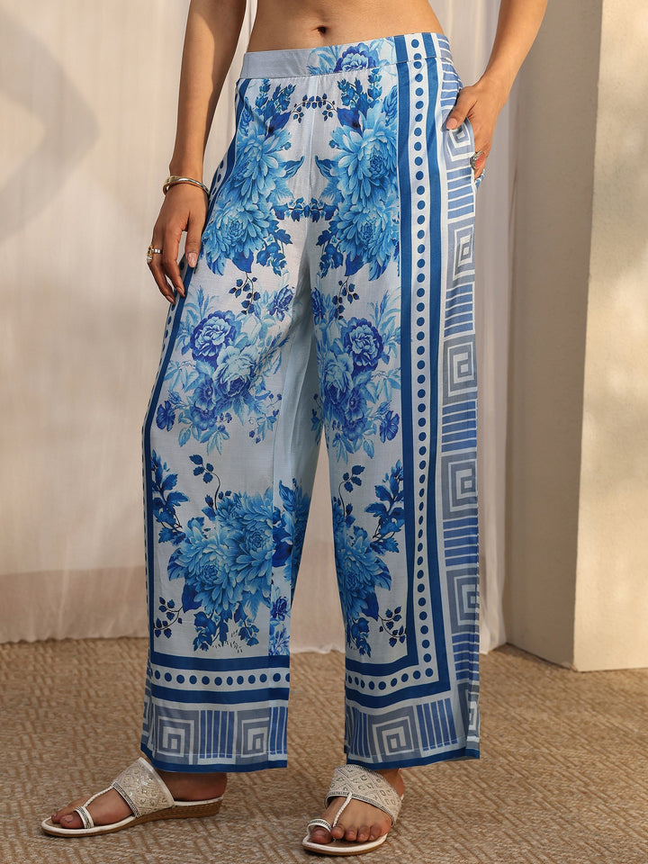 Blue Printed Muslin Straight Suit Set With Dupatta