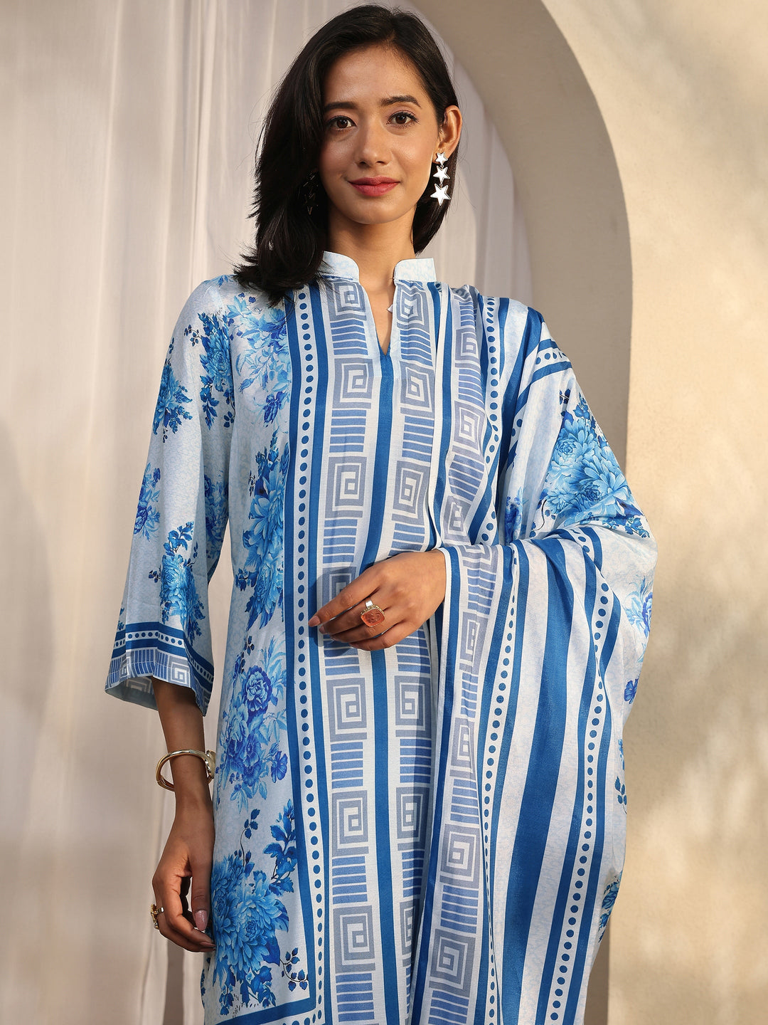 Blue Printed Muslin Straight Suit Set With Dupatta