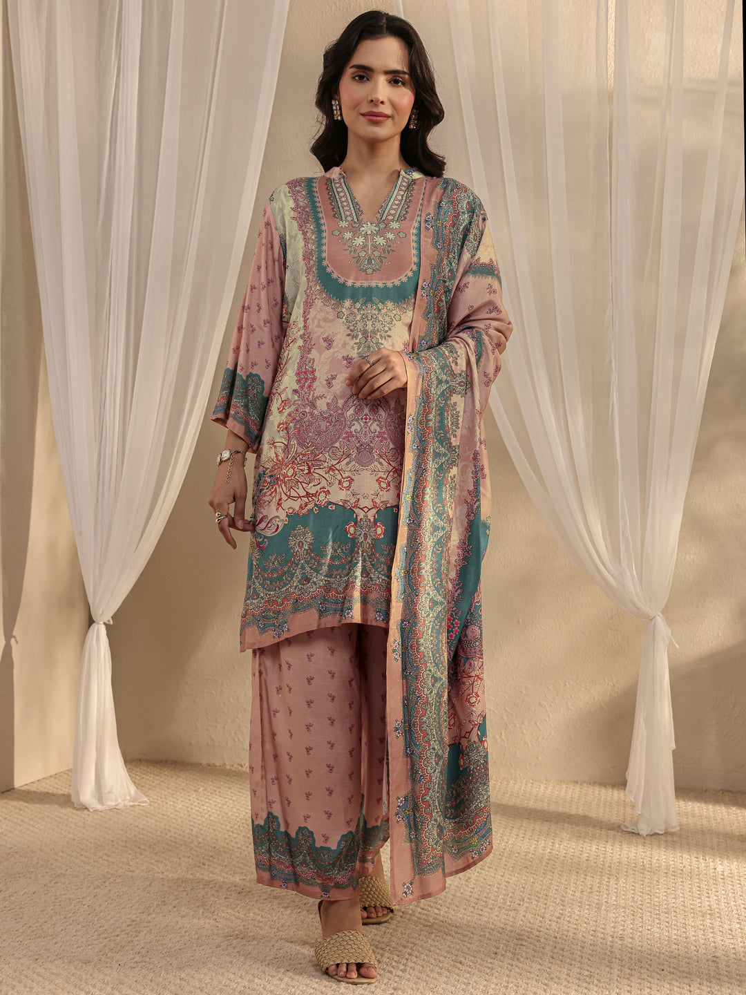 Peach Printed Muslin Straight Suit Set With Dupatta