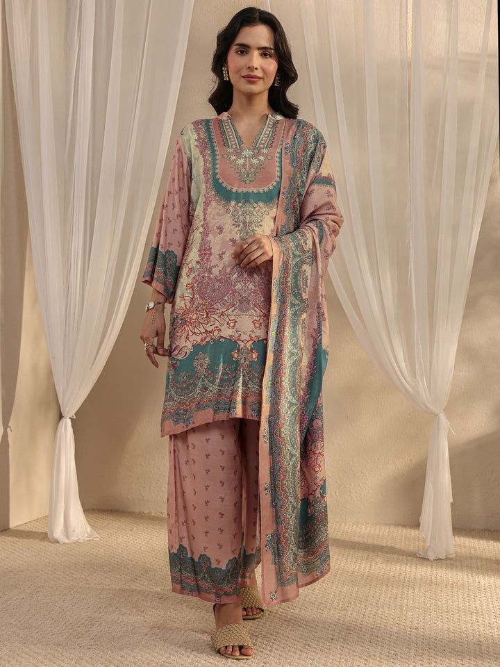 Peach Printed Muslin Straight Suit Set With Dupatta