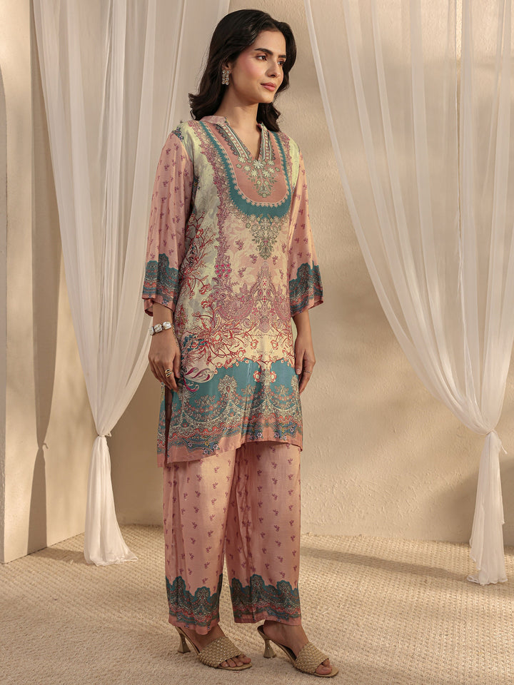 Peach Printed Muslin Straight Suit Set With Dupatta