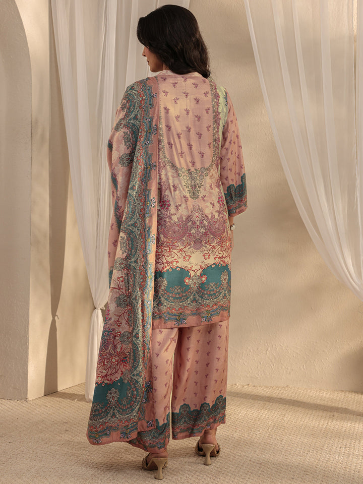 Peach Printed Muslin Straight Suit Set With Dupatta