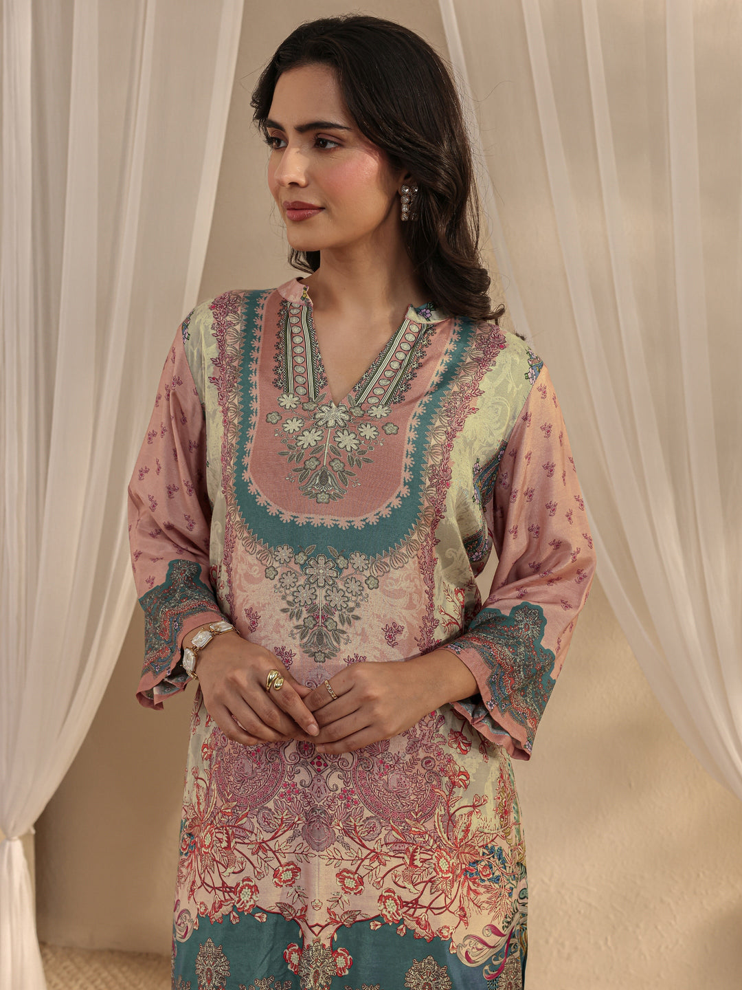 Peach Printed Muslin Straight Suit Set With Dupatta