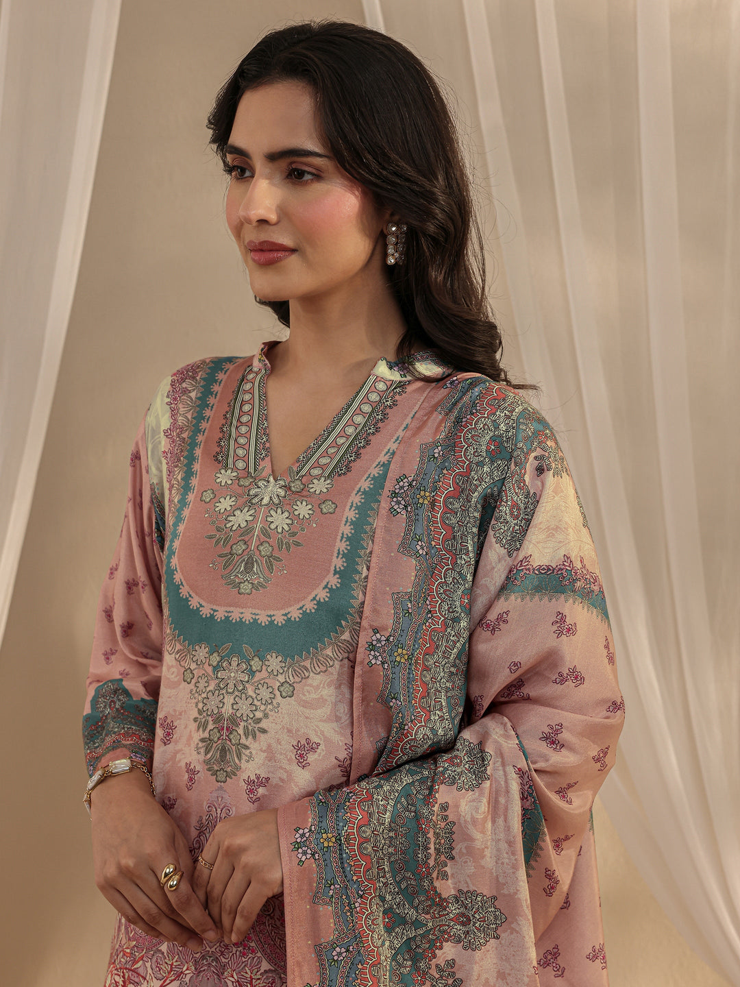 Peach Printed Muslin Straight Suit Set With Dupatta