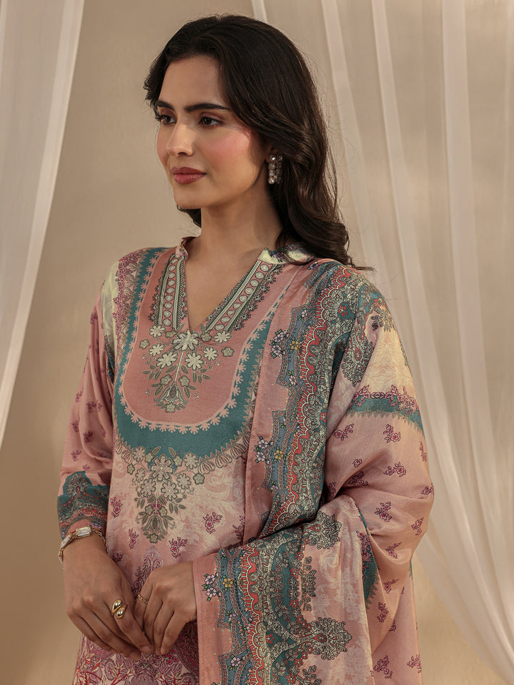 Peach Printed Muslin Straight Suit Set With Dupatta