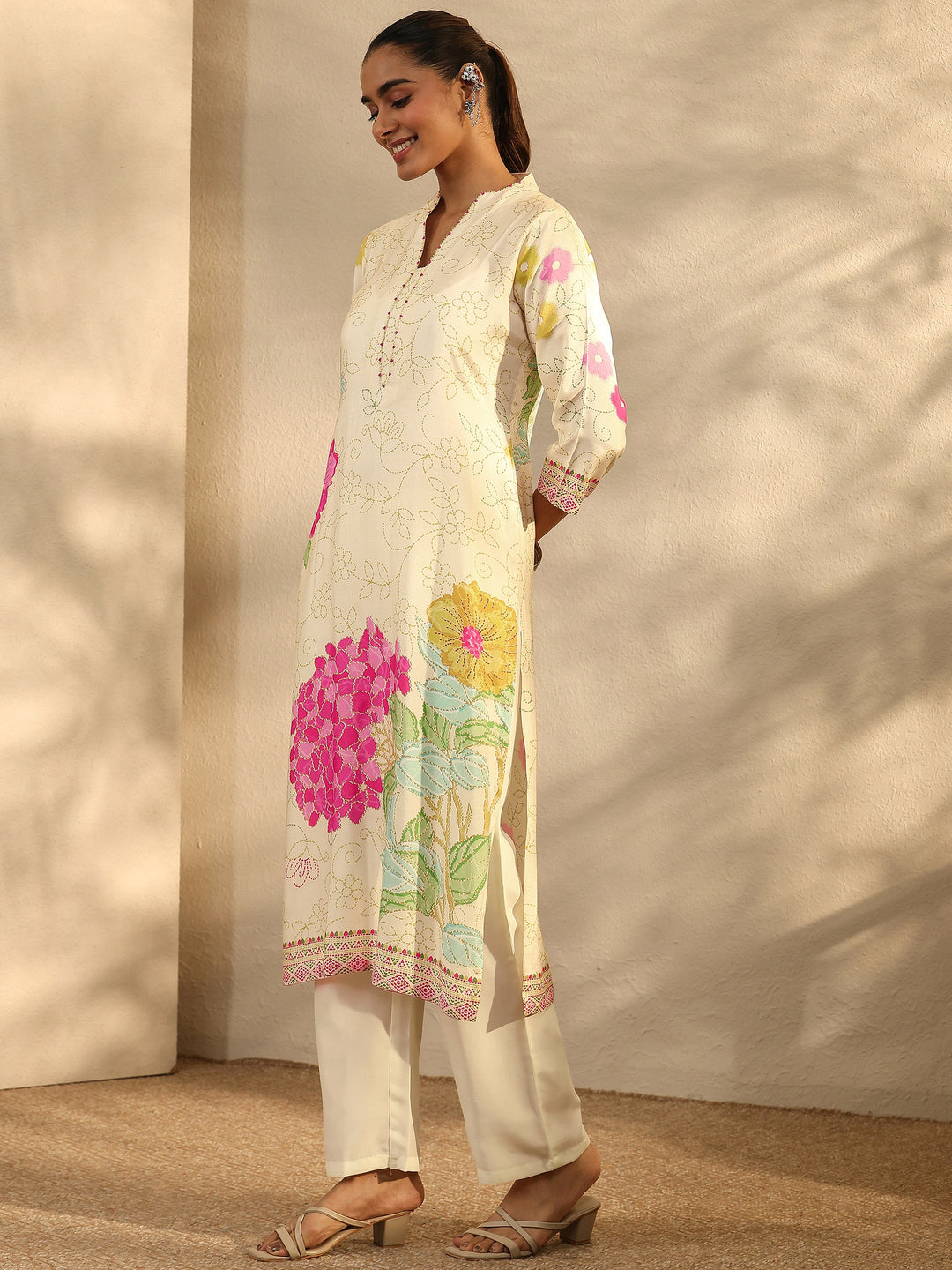 Off White Floral Printed Silk Blend Straight Suit Set With Dupatta