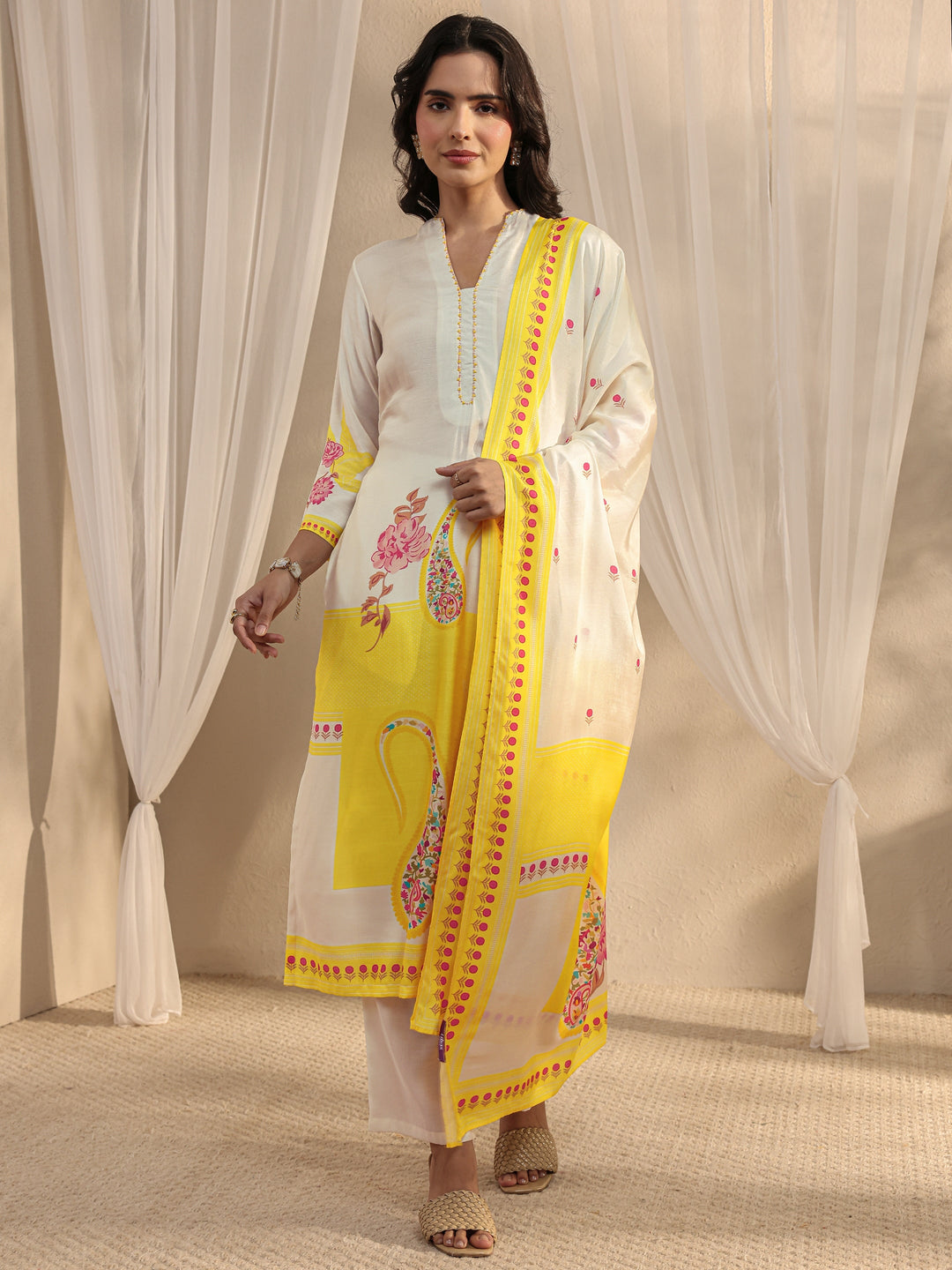 Off White Printed Muslin Straight Suit Set With Dupatta