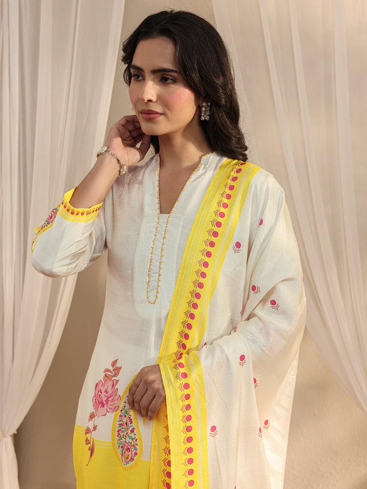 Off White Printed Muslin Straight Suit Set With Dupatta