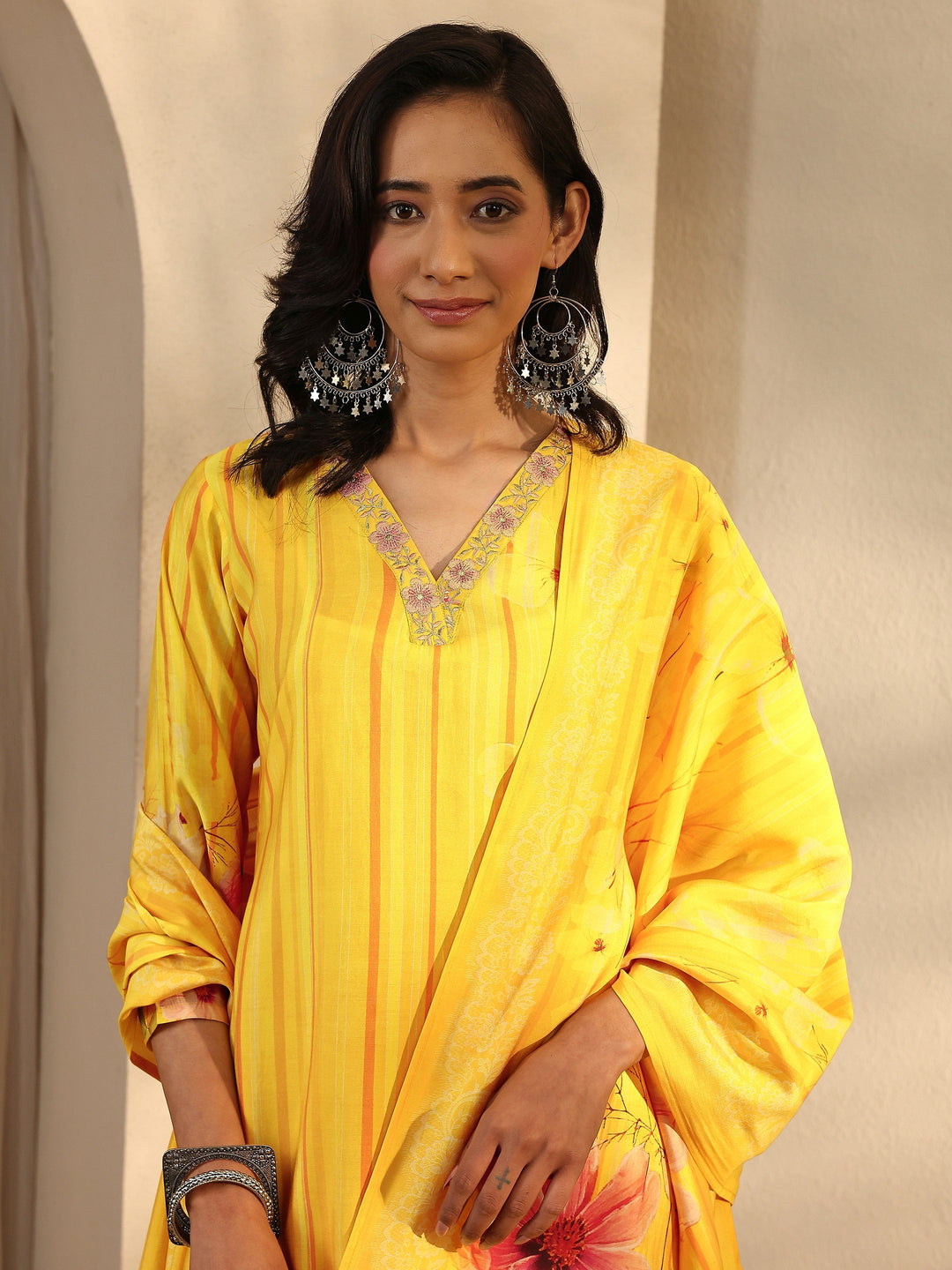 Yellow Printed Silk Blend Straight Suit Set With Dupatta