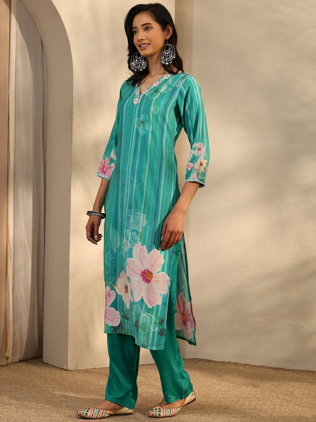 Teal Printed Silk Blend Straight Suit Set With Dupatta