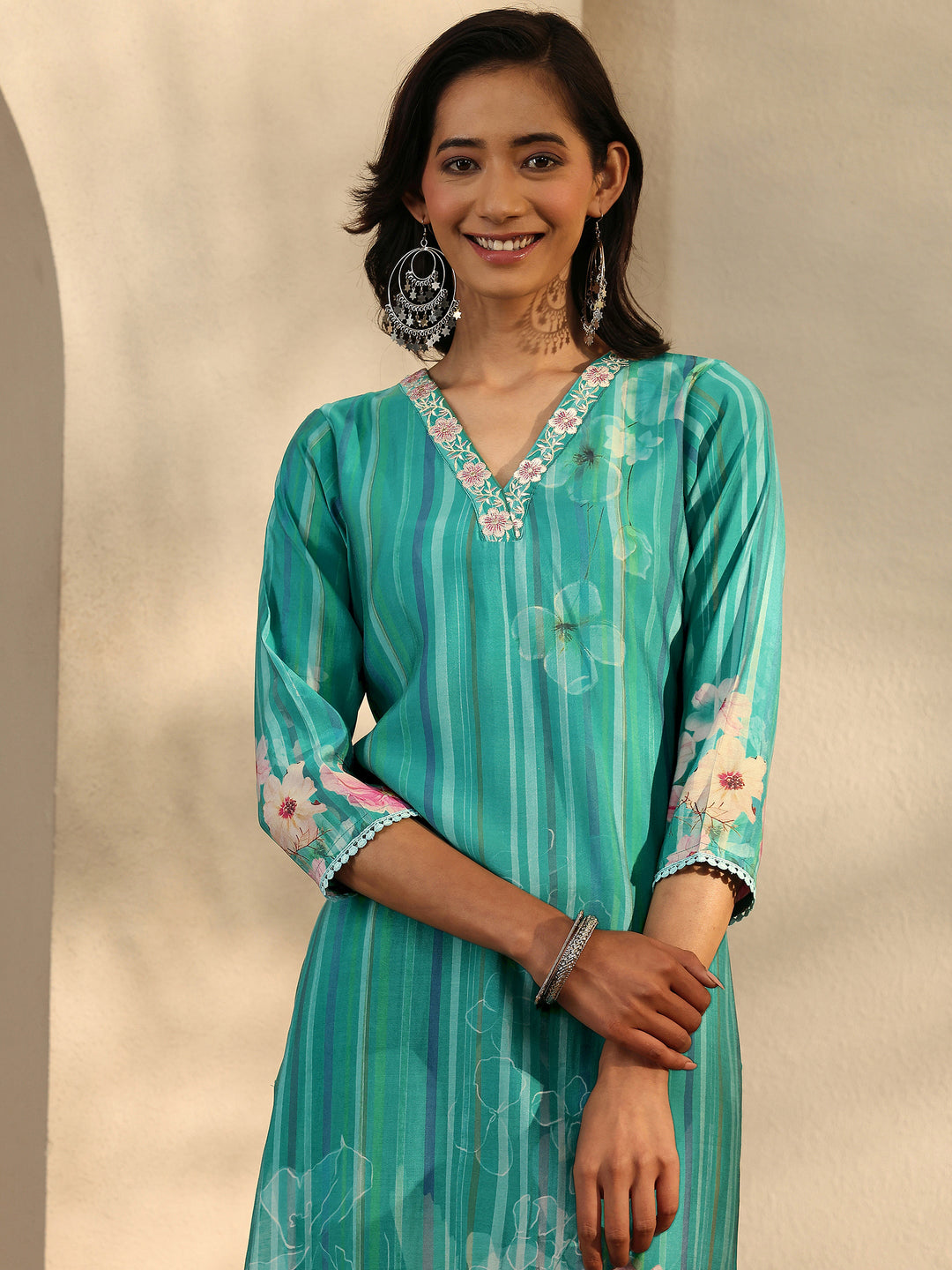 Teal Printed Silk Blend Straight Suit Set With Dupatta