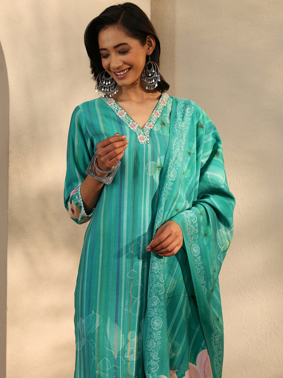 Teal Printed Silk Blend Straight Suit Set With Dupatta