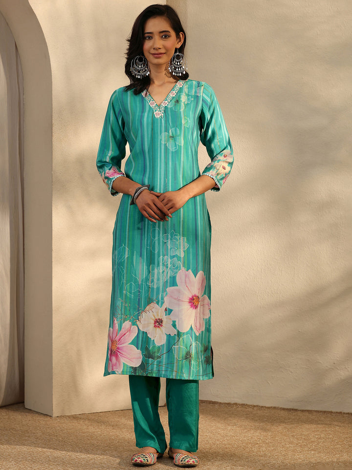 Teal Printed Silk Blend Straight Suit Set With Dupatta