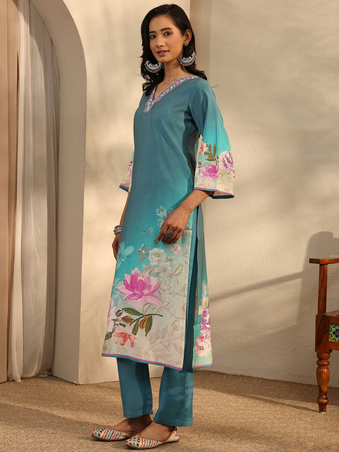 Teal Printed Silk Blend Straight Suit Set With Dupatta