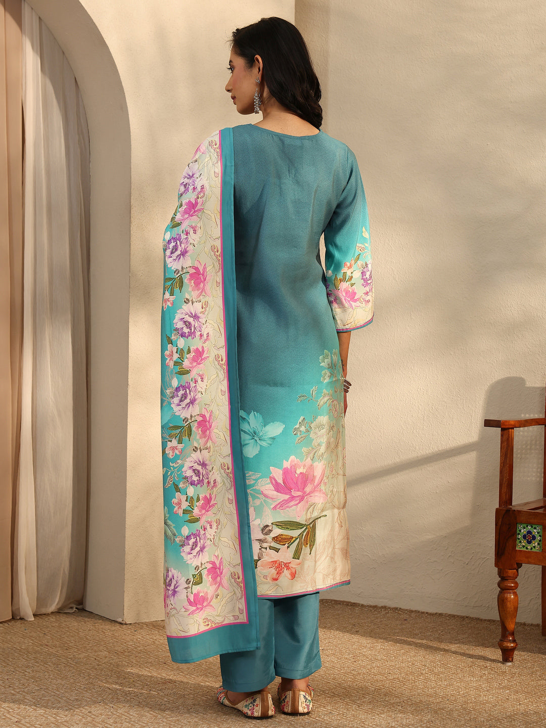 Teal Printed Silk Blend Straight Suit Set With Dupatta