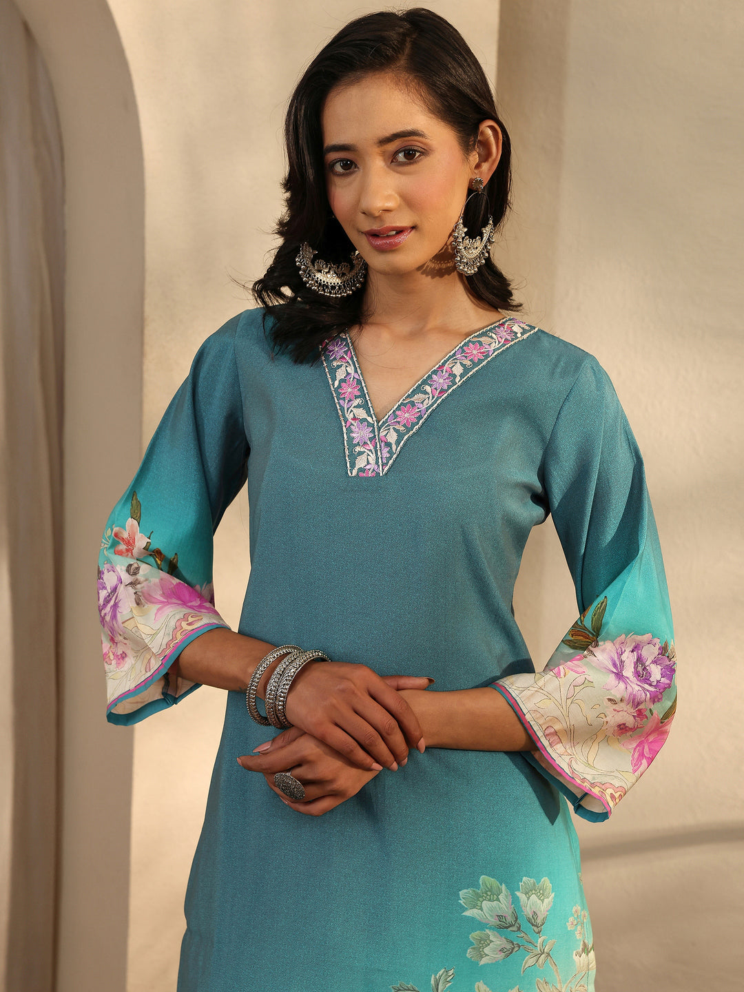 Teal Printed Silk Blend Straight Suit Set With Dupatta