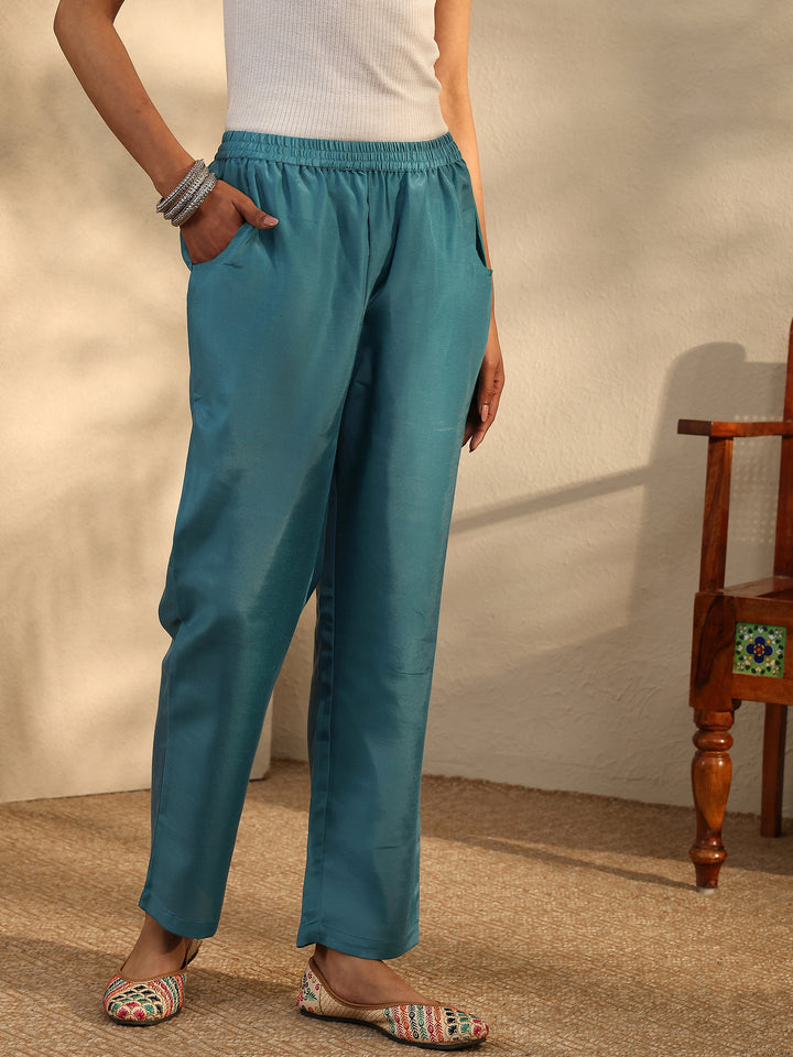 Teal Printed Silk Blend Straight Suit Set With Dupatta